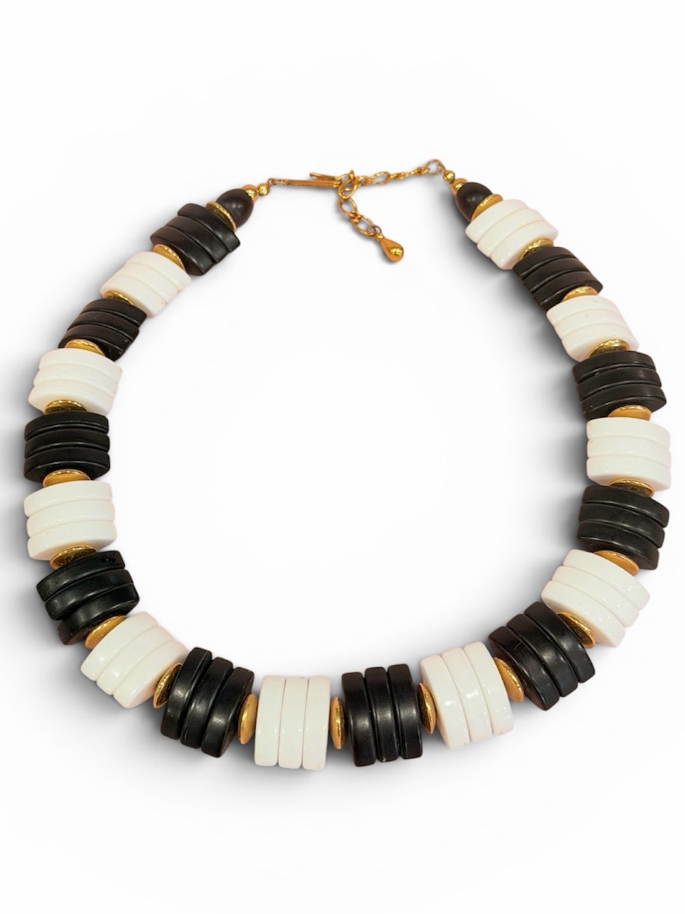 Vintage Avon 80s Spectator Black White Lucite Chunky Necklace Gold Accents Retro